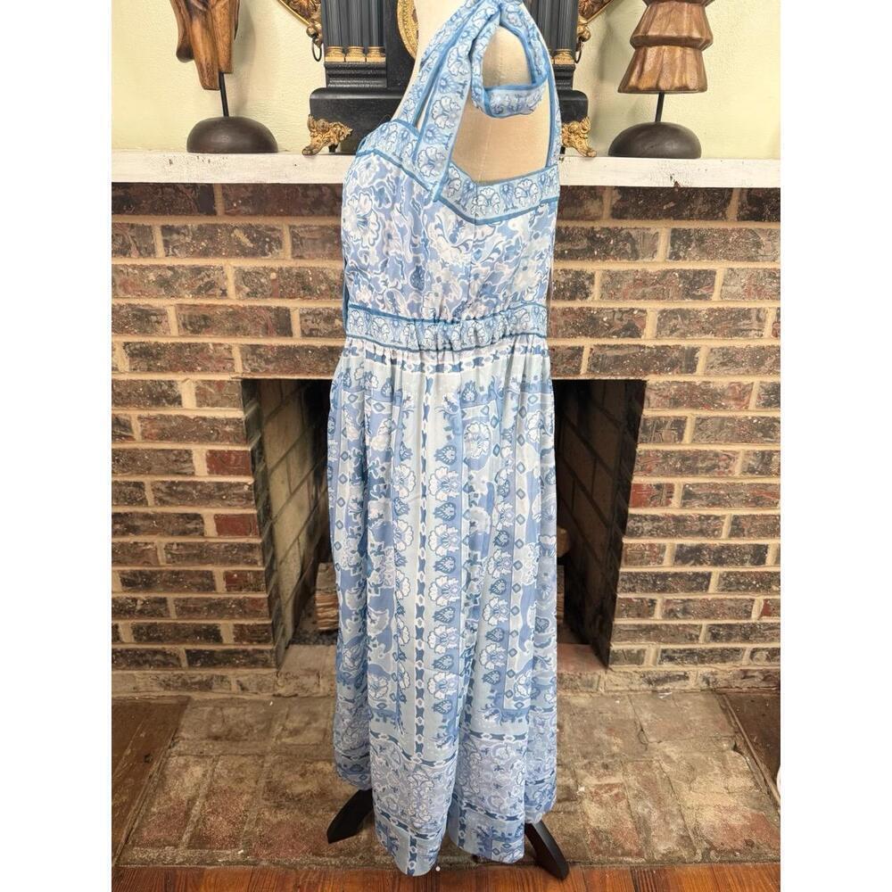 Gretchen Scott Dress Womens Size M Blue White Midi Floral Tie Shoulder - Picture 5 of 10